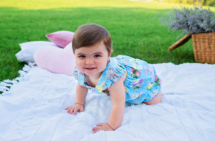 Golden Blossom Blue Romper